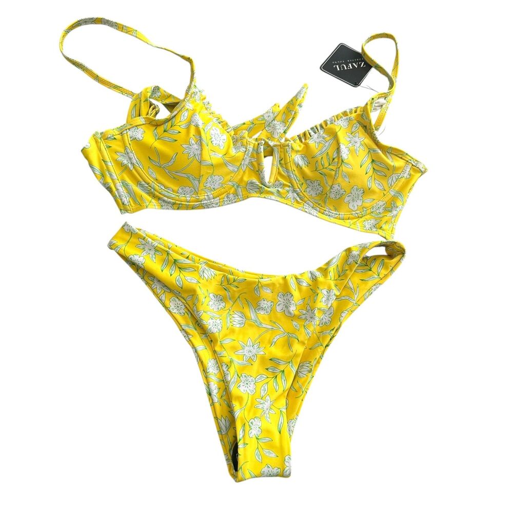 ZAFUL Floral V-Wire High Cut Bikini Yellow NWT Sz 4‎